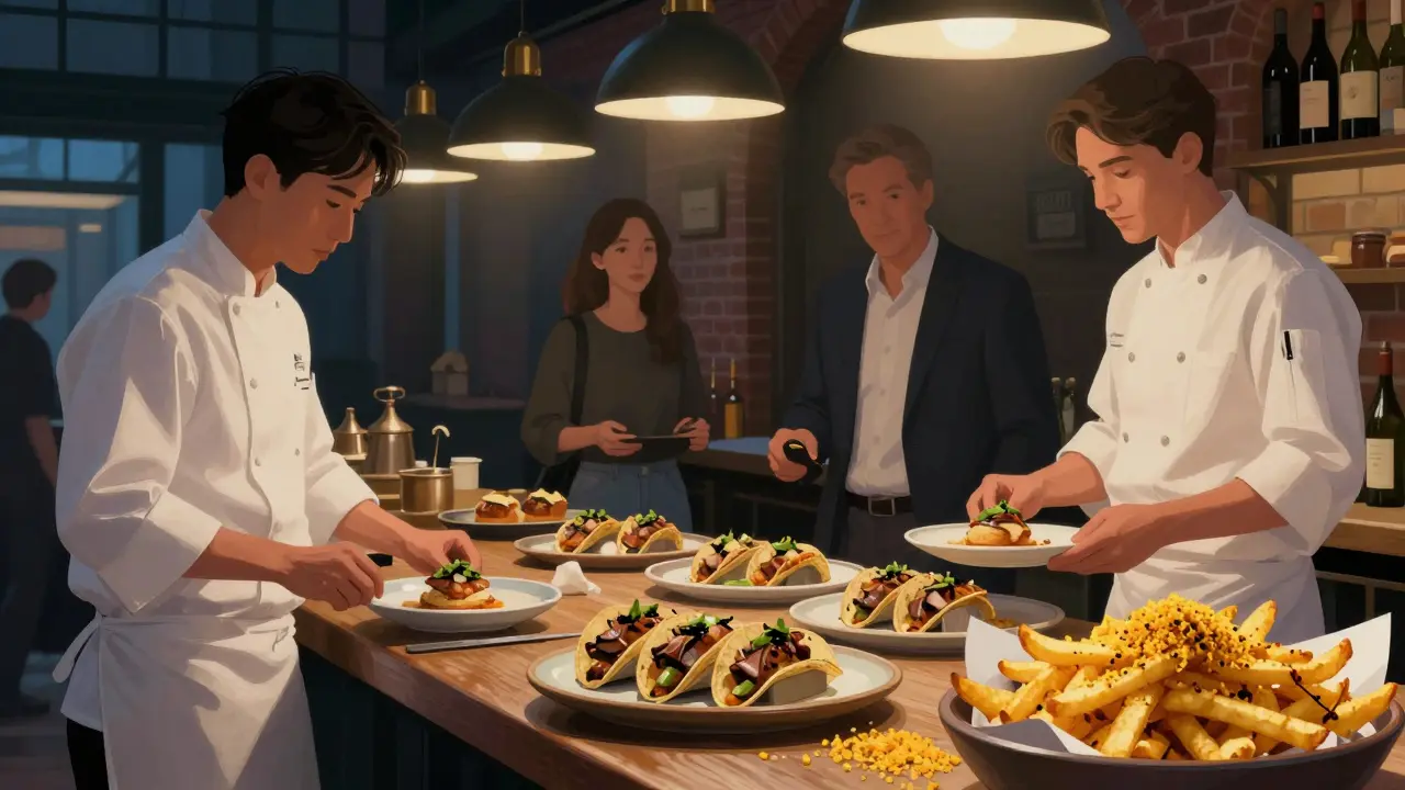 Gourmet bites served in secret Borough Market annex under soft lighting, suit and jeans diners side by side.