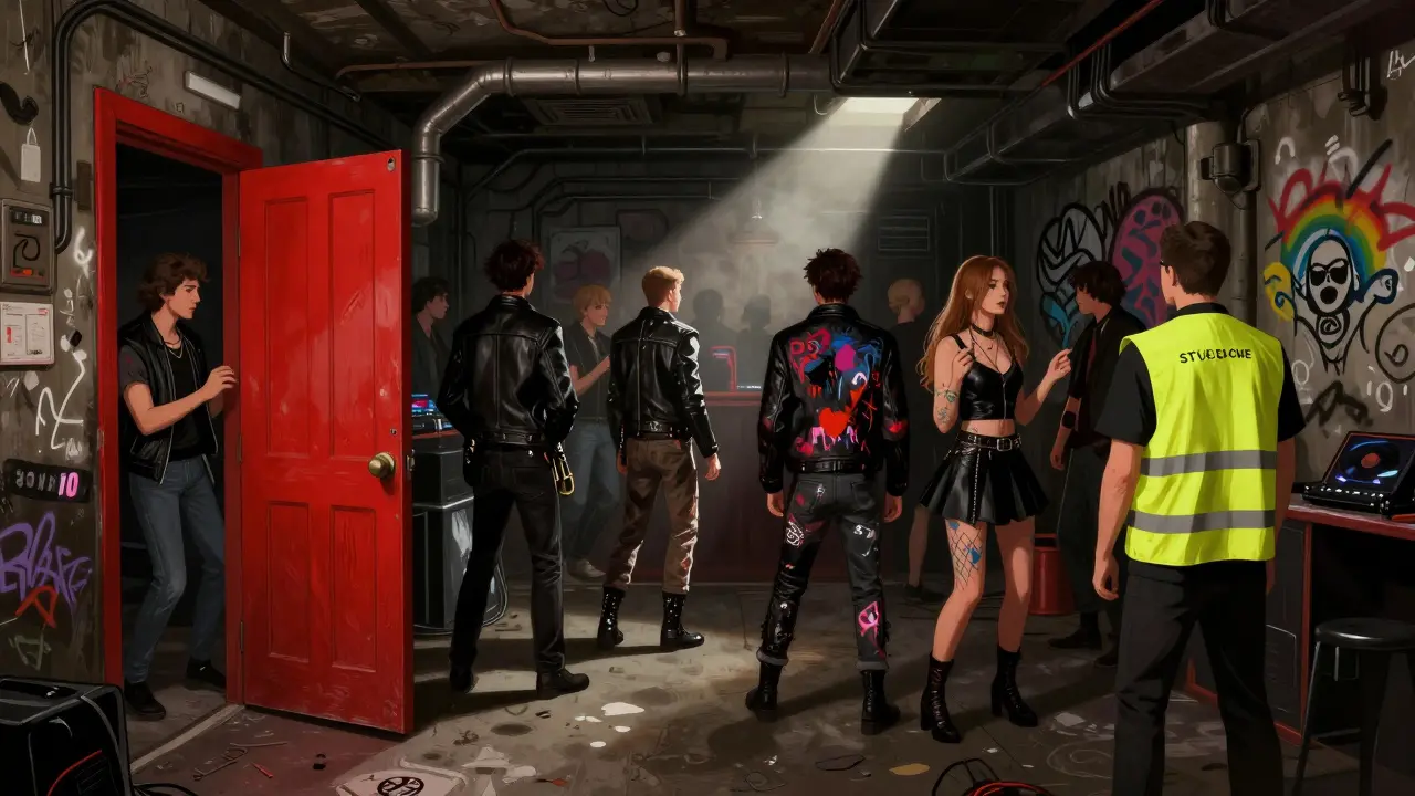 Gritty basement club Stag with red door, diverse crowd in DIY attire, volunteer in yellow vest, industrial techno vibe.
