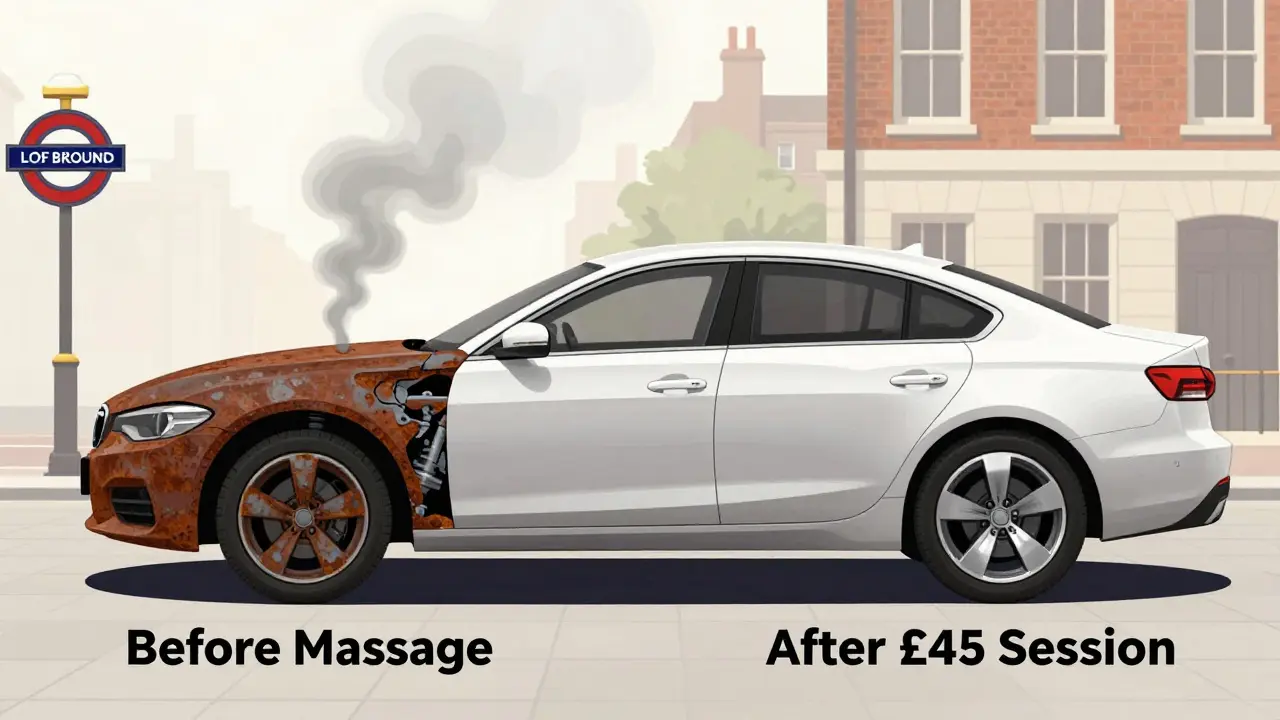 Human body as a car—before and after massage—showing alignment and restoration in London setting.