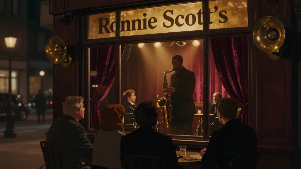 Jazz musician silhouetted on stage inside a warm, intimate Soho cellar club.