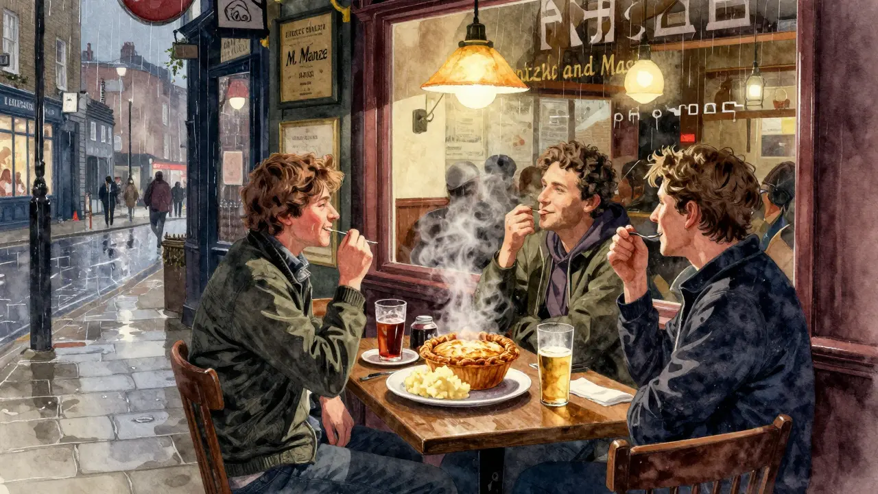 Late-night pie and mash in a cozy shop with steam rising, friends relaxed after a pub crawl.