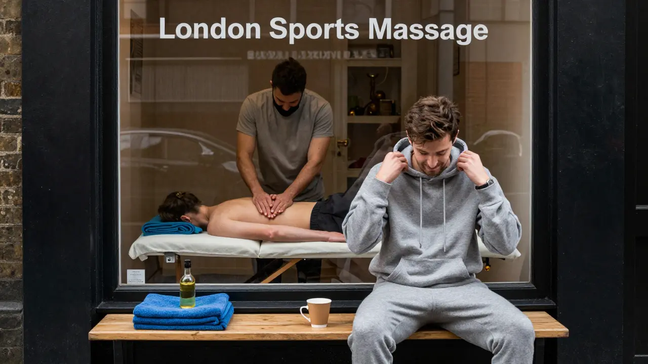 Man smiling on a bench outside a sports massage clinic in Shoreditch, sweatpants and coffee in hand.