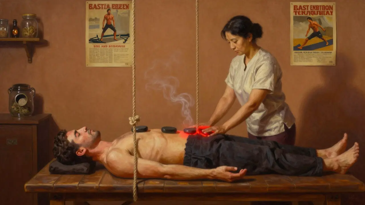 Man stretched with hemp ropes during Thai massage, hot stones glowing on lower back, steam rising in warm-lit studio.