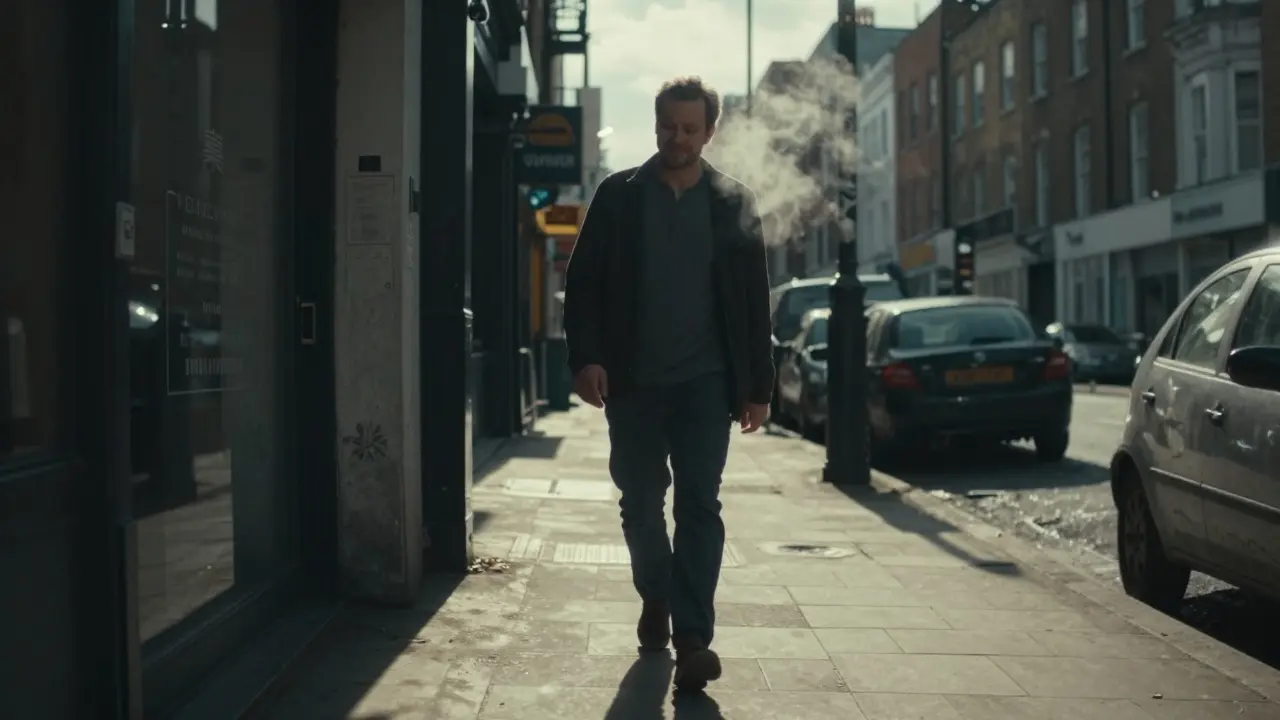 Man walking out of a massage studio with relaxed posture and renewed freedom.