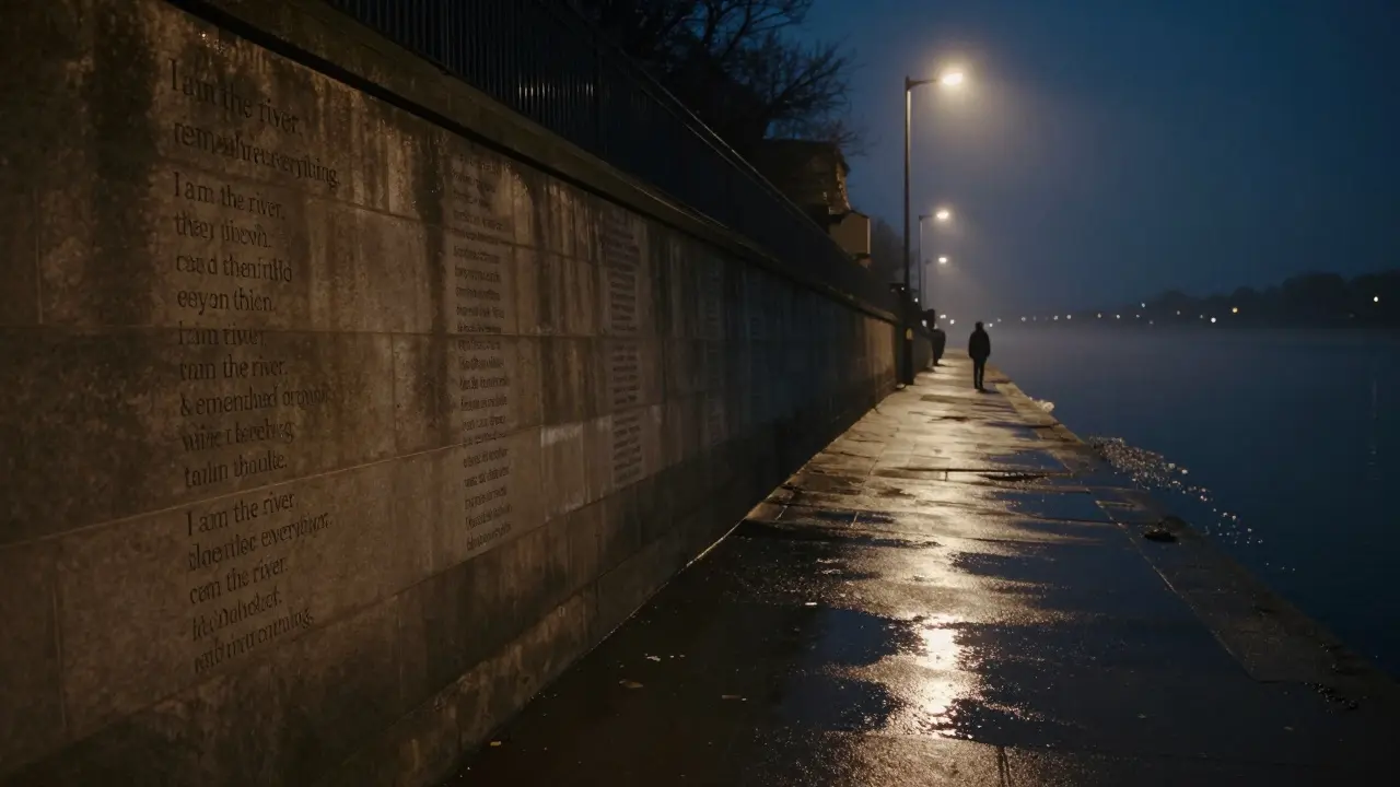 Poetry etched into stone by the Thames, water reflecting the words at low tide.