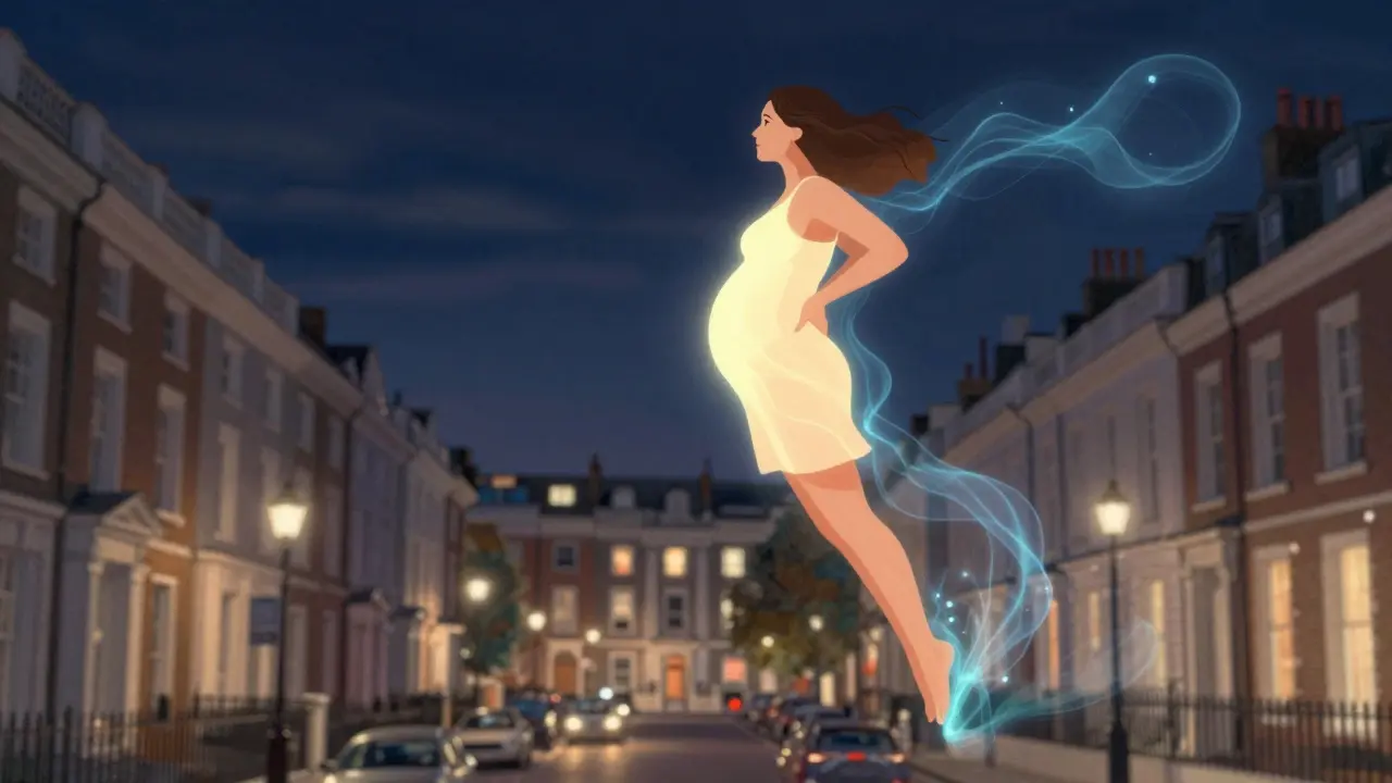 Pregnant woman floating above London at night, tension dissolving as glowing energy leaves her body.