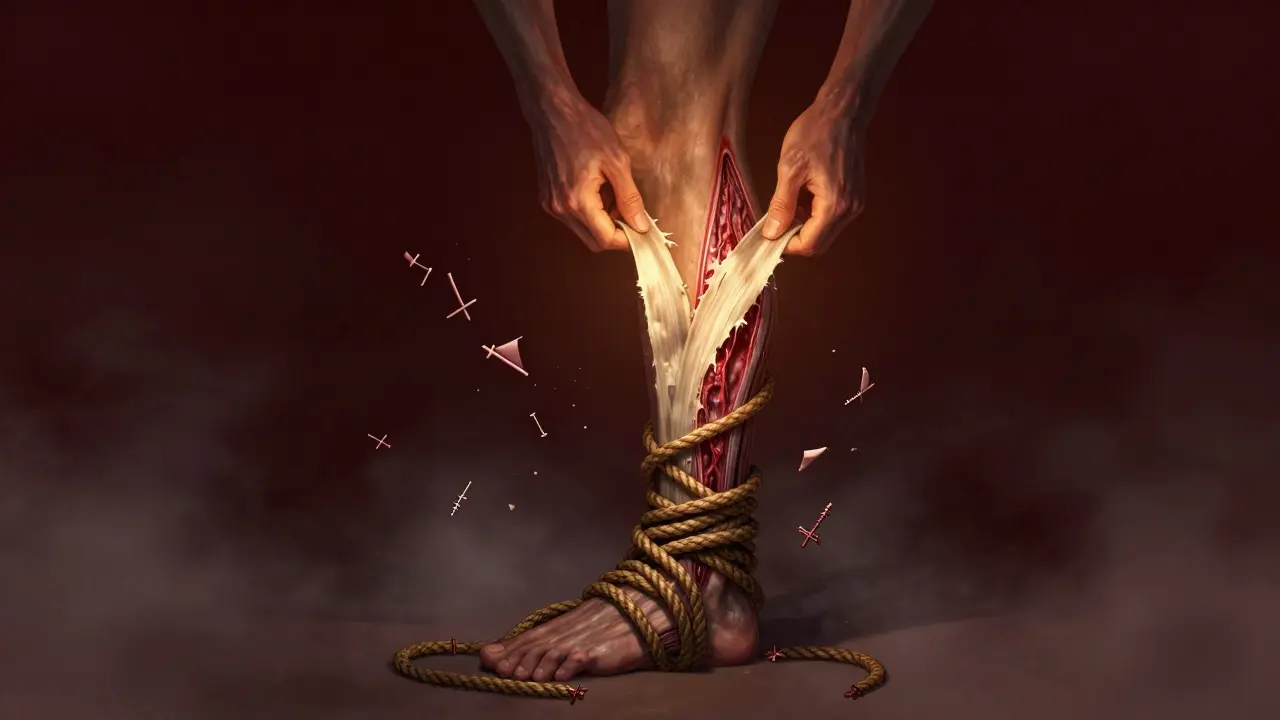 Scar tissue ropes being released from a leg by glowing hands, symbolizing recovery.