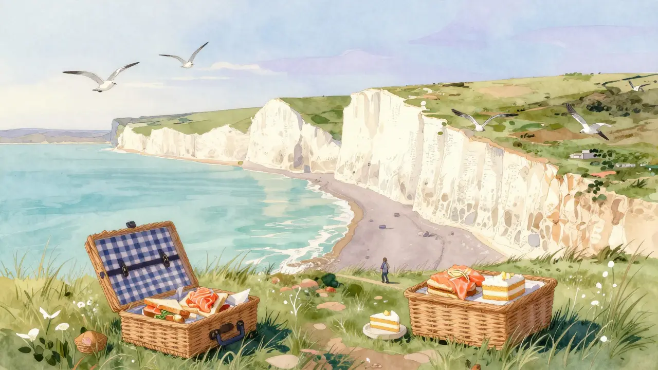 Seven Sisters cliffs at sunrise with picnic basket and hiker on grassy edge.