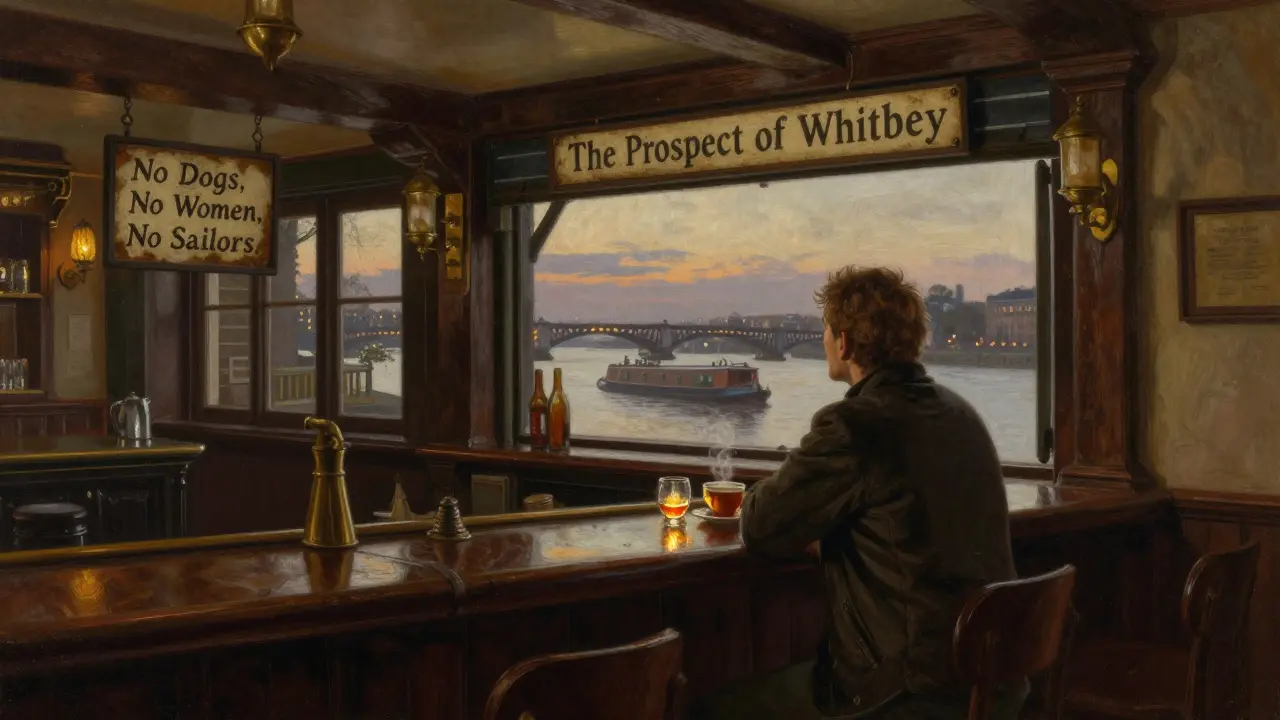Solo traveler at The Prospect of Whitby, gazing at the Thames at twilight with historic pub interior.