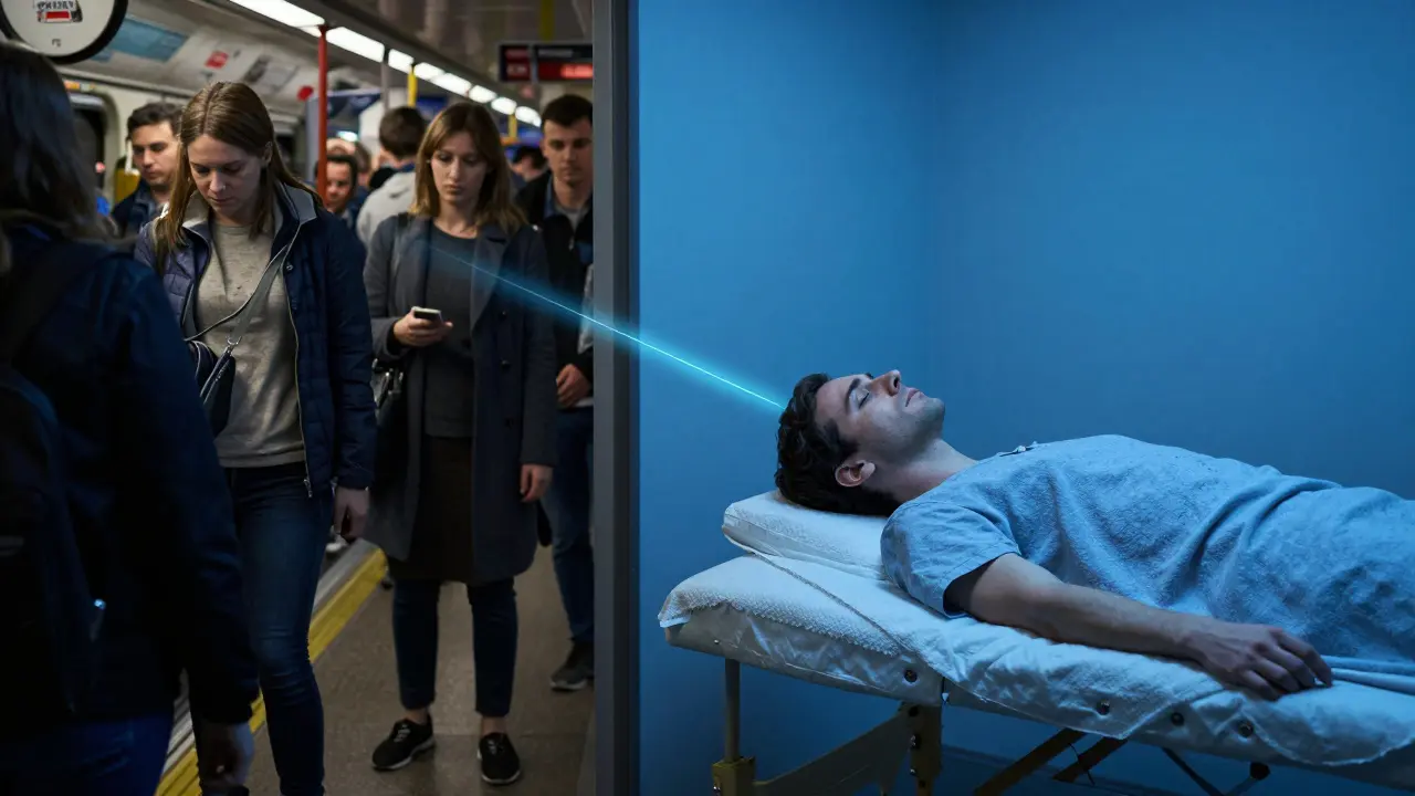 Split image: stressed commuter on left, peaceful person on massage table on right, symbolizing transformation.