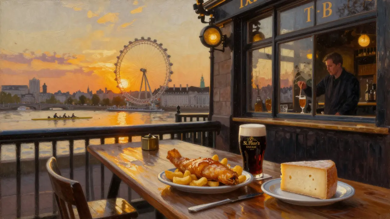 Sunset view at a riverside pub with fish and chips, cheese, and the Thames glowing in the background.