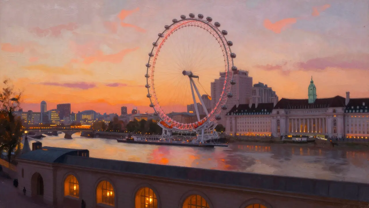 Sunset view of the London Eye reflecting on the river, with the Old Operating Theatre arches in the foreground.