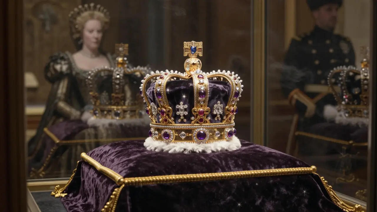 The Crown Jewels glowing under soft light in the Jewel House, with faint ghostly figures in the background.