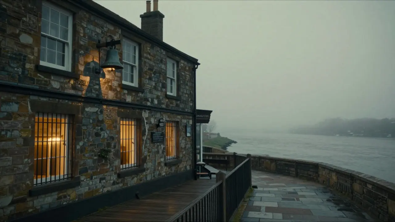 The Prospect of Whitby pub at twilight with iron-barred windows and fog rolling over the Thames.