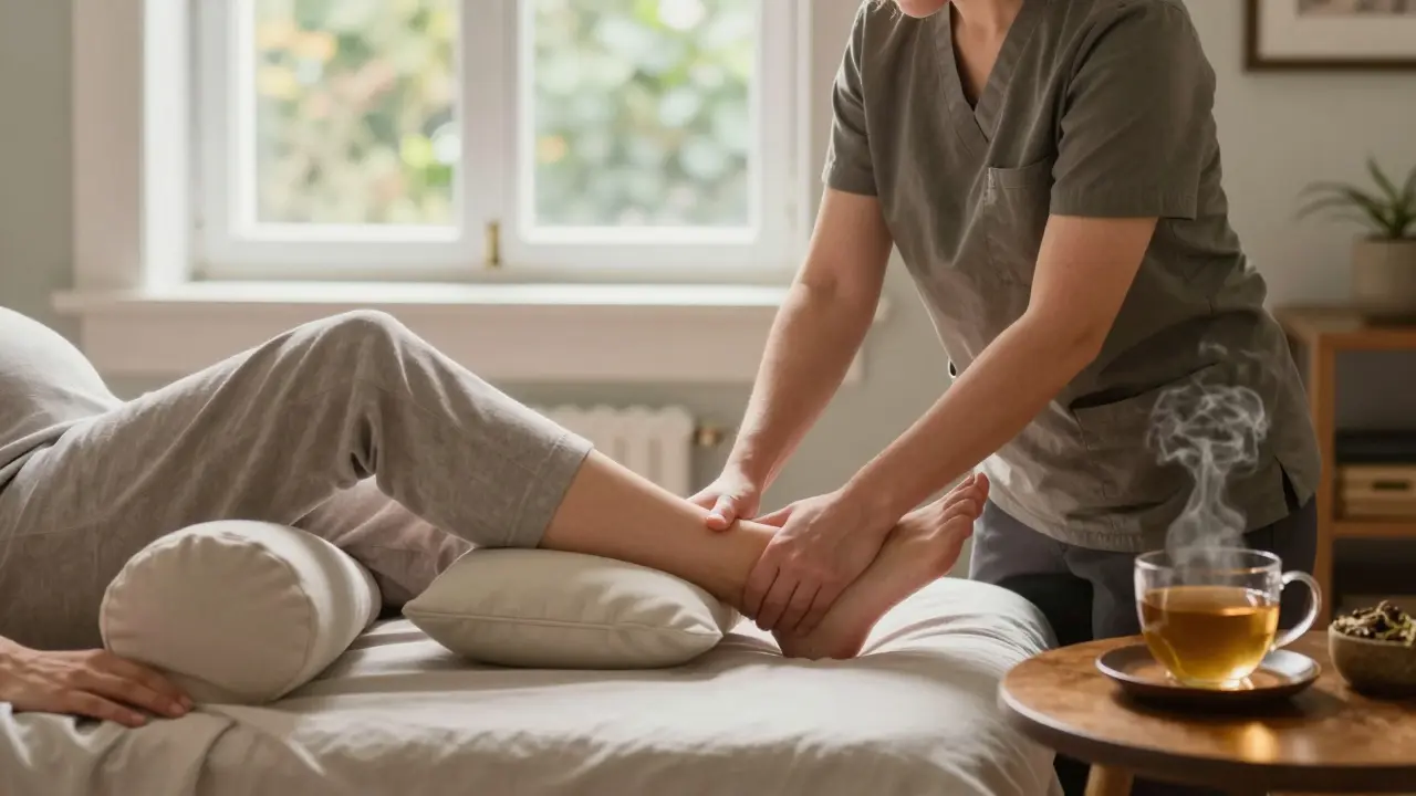 Therapist gently massaging a pregnant woman’s ankle with supportive pillows in a sunlit townhouse.