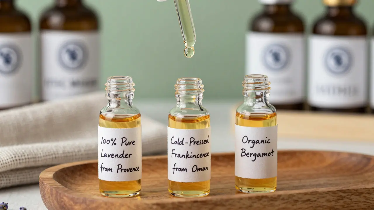 Three premium essential oil vials labeled with origins, a single drop falling, certified seals visible, natural wood background, hyper-detailed still life.