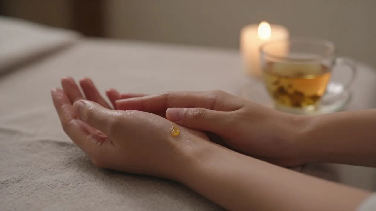 Two hands resting gently together after a massage, skin glistening with oil, evoking quiet intimacy.