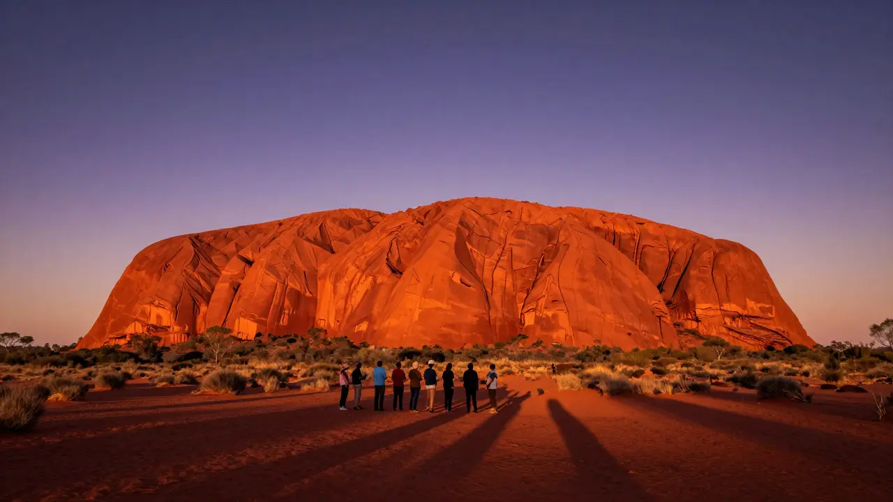 Uluru glows fiery red at sunrise in the empty Australian desert under a vast sky.