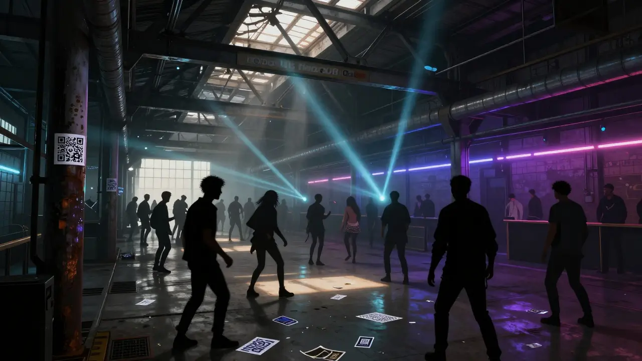 Underground warehouse rave at dawn, silhouetted dancers under flickering lights, QR code on rusted pipe.
