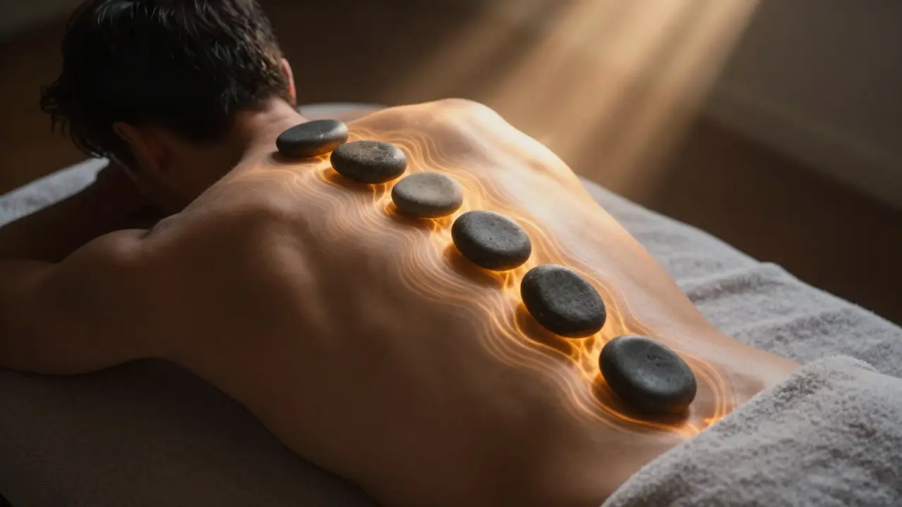 Warm basalt stones arranged in a wave pattern along a man&#039;s spine, golden heat ripples in the air, symbolizing deep relaxation and healing.
