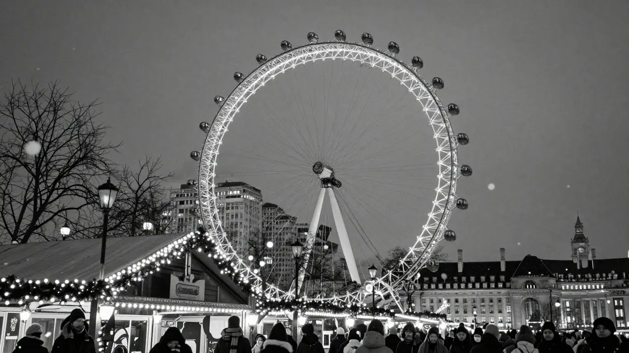 Winter night view of the London Eye surrounded by Christmas lights, snow falling softly over the Thames.