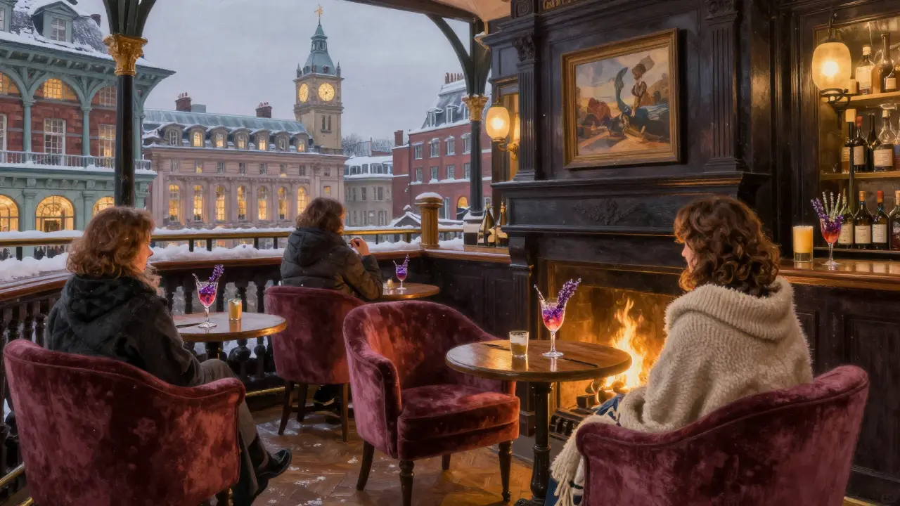 Winter rooftop bar by a fireplace with guests wrapped in blankets, snow falling over Covent Garden.