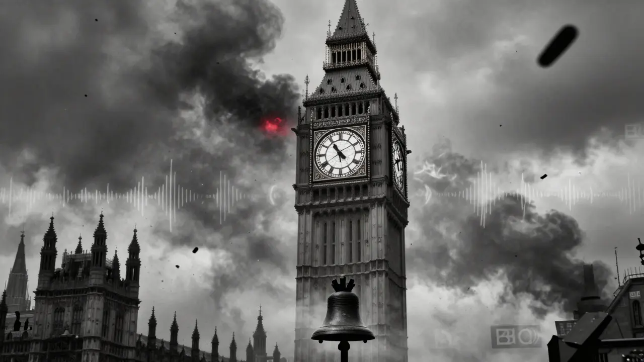 WWII-era Big Ben under bombardment, clock still working as BBC sound waves radiate.