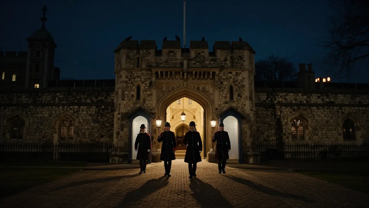 Yeoman Warders carrying lanterns during the Ceremony of the Keys at the Tower of London at night.