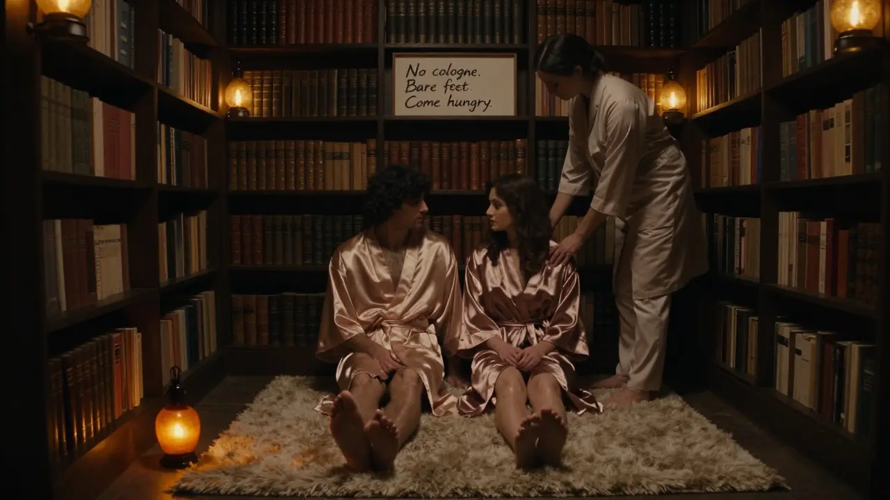 A couple being handed silk robes in a hidden basement spa beneath a bookshop, lantern light glowing softly.