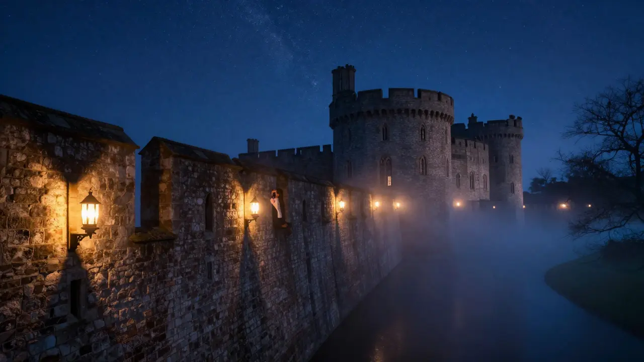 A couple climbs ancient stone battlements at Alnwick Castle at night, lit by candles under a starry sky.