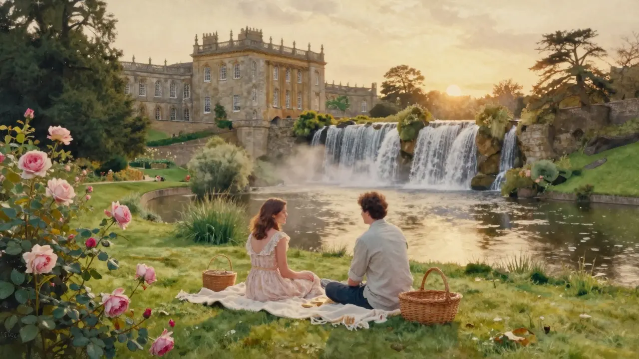 A couple enjoys a quiet picnic by a river at Chatsworth House with waterfalls and roses in the background.