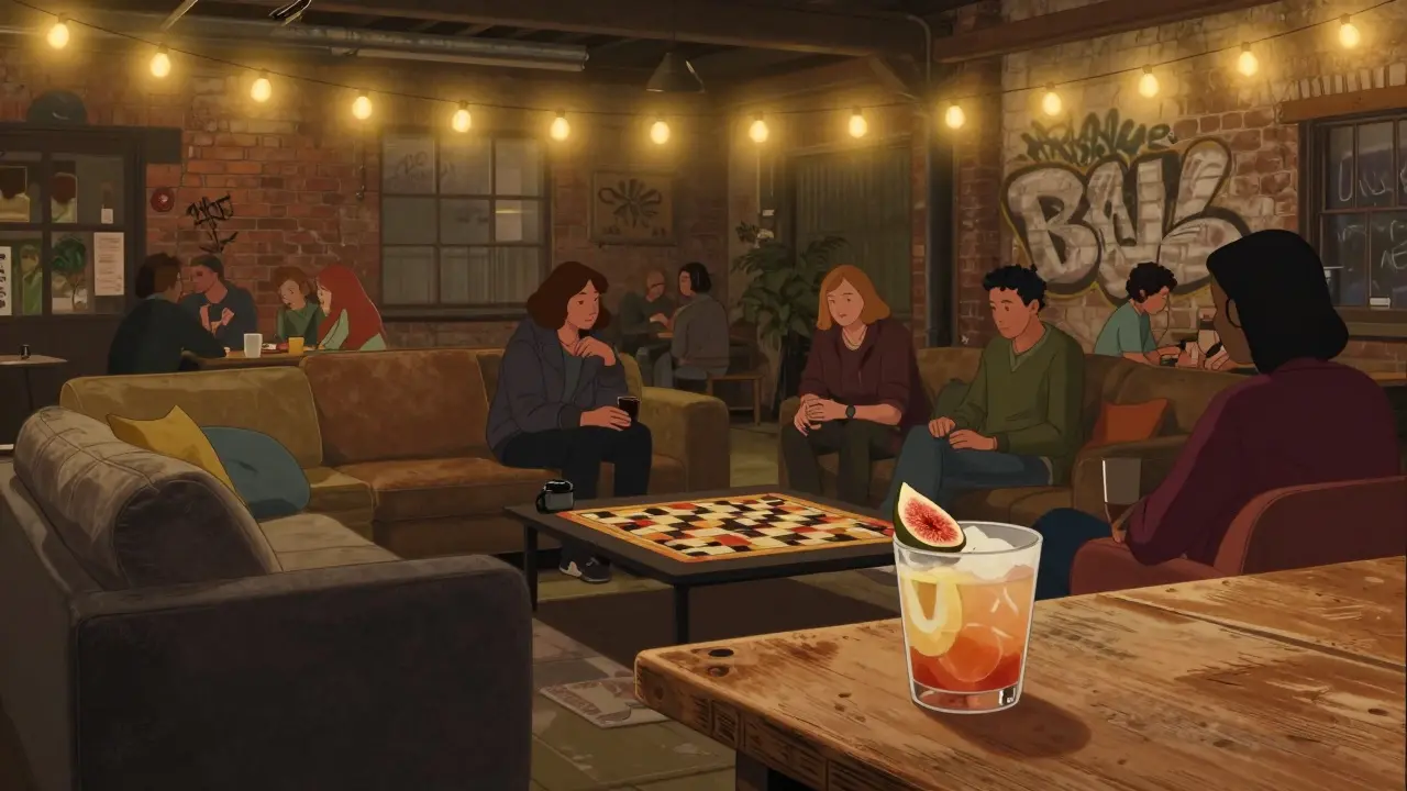 A cozy warehouse bar with string lights, people chatting and playing board games in dim glow.