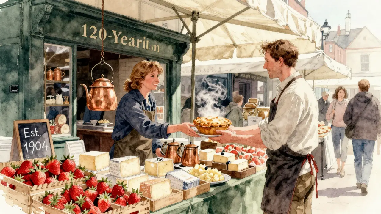 A food tour guide serving pie and mash at Borough Market with fresh local produce in the background.