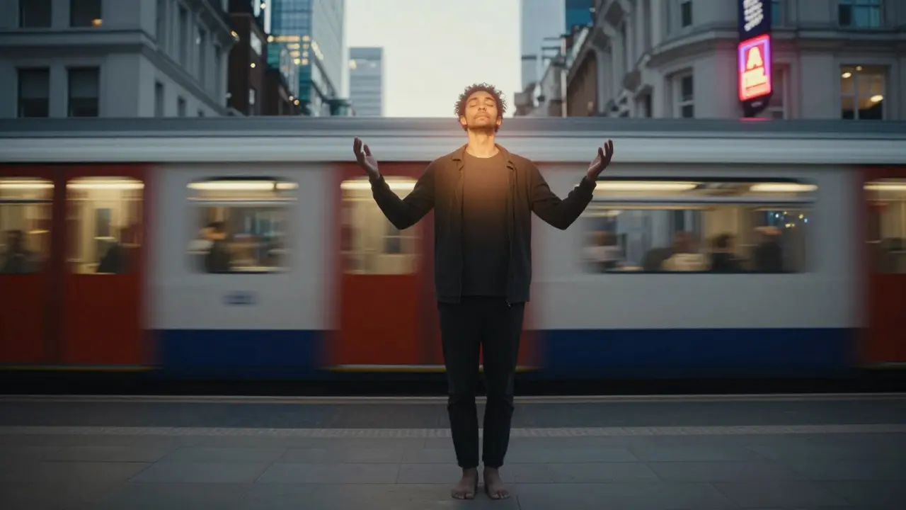 A man standing alone at dawn in London, glowing with calm after a transformative massage experience.