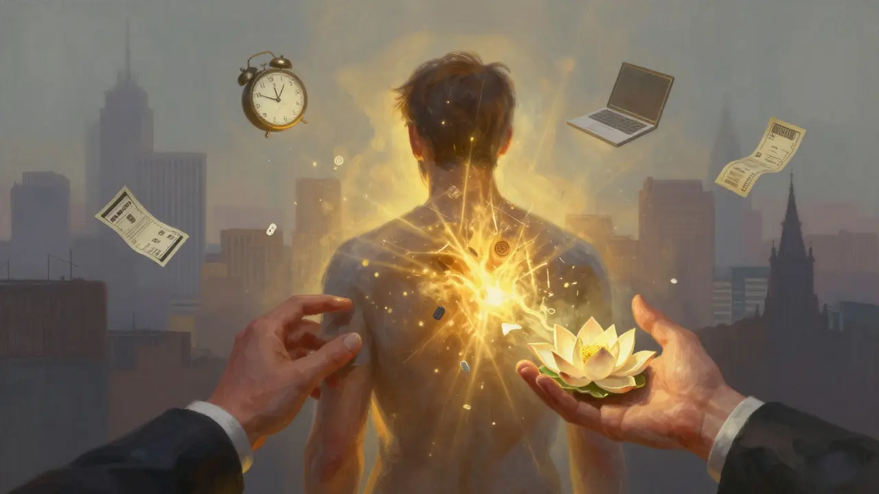 A person dissolving into light as healing hands remove symbols of stress, replaced by peace and calm.