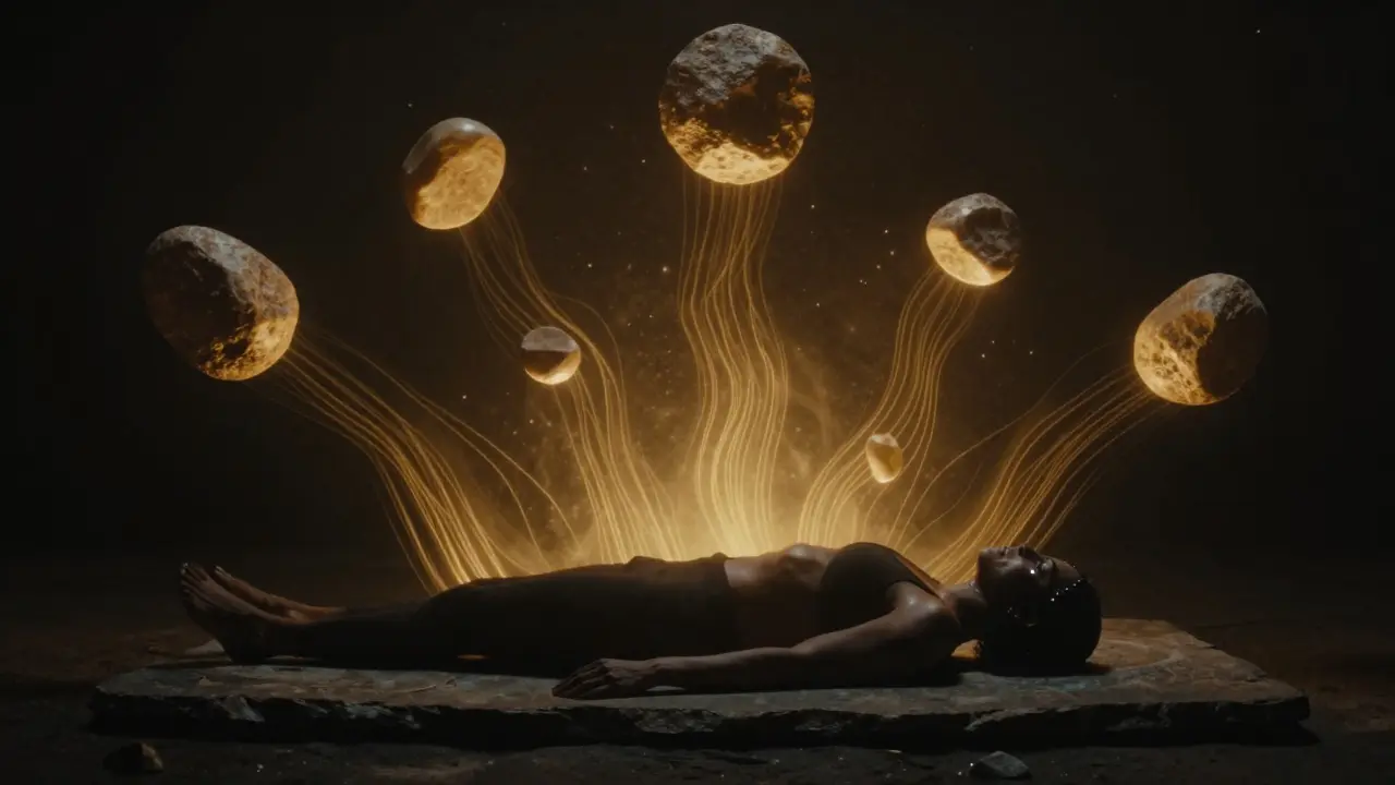 A silhouette surrounded by floating glowing stones, radiating heat waves in a dark starry space.