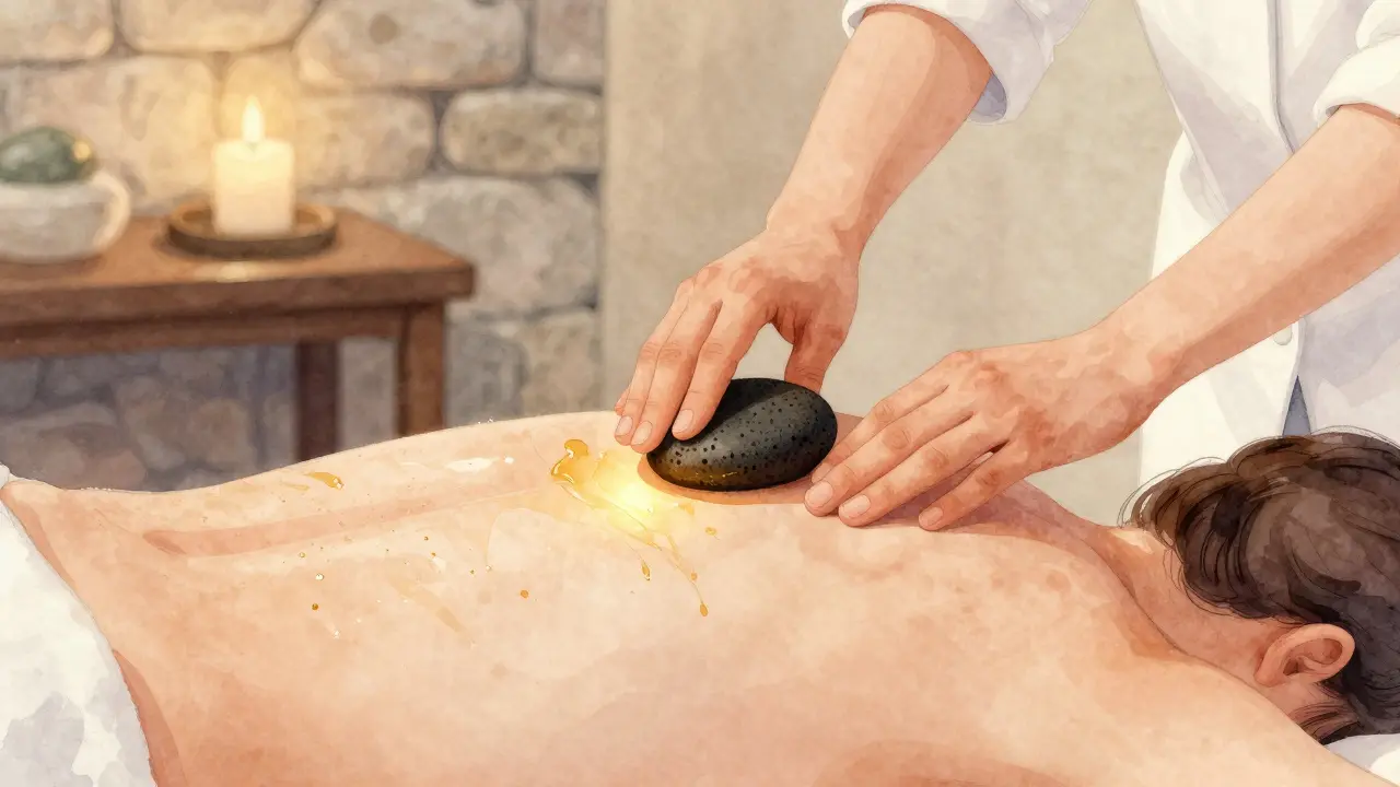 A therapist's hands gently sliding a heated stone along a bare back, oil glistening in soft light.
