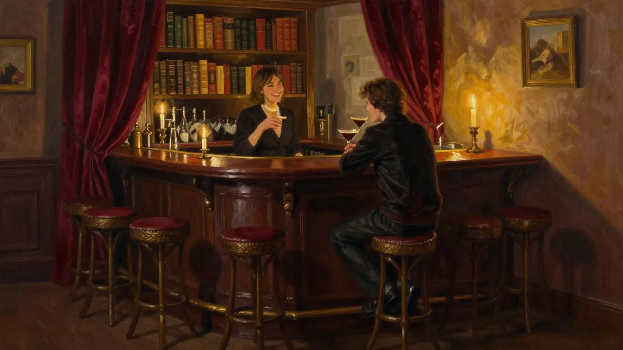 A tiny candlelit bar with eight stools, a customer sipping a unique cocktail in serene silence.