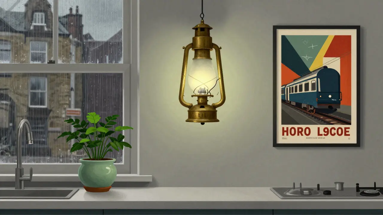 A Victorian-style electric gas lamp glows over a kitchen island with a cast iron plant and a vintage British railway poster on the wall.