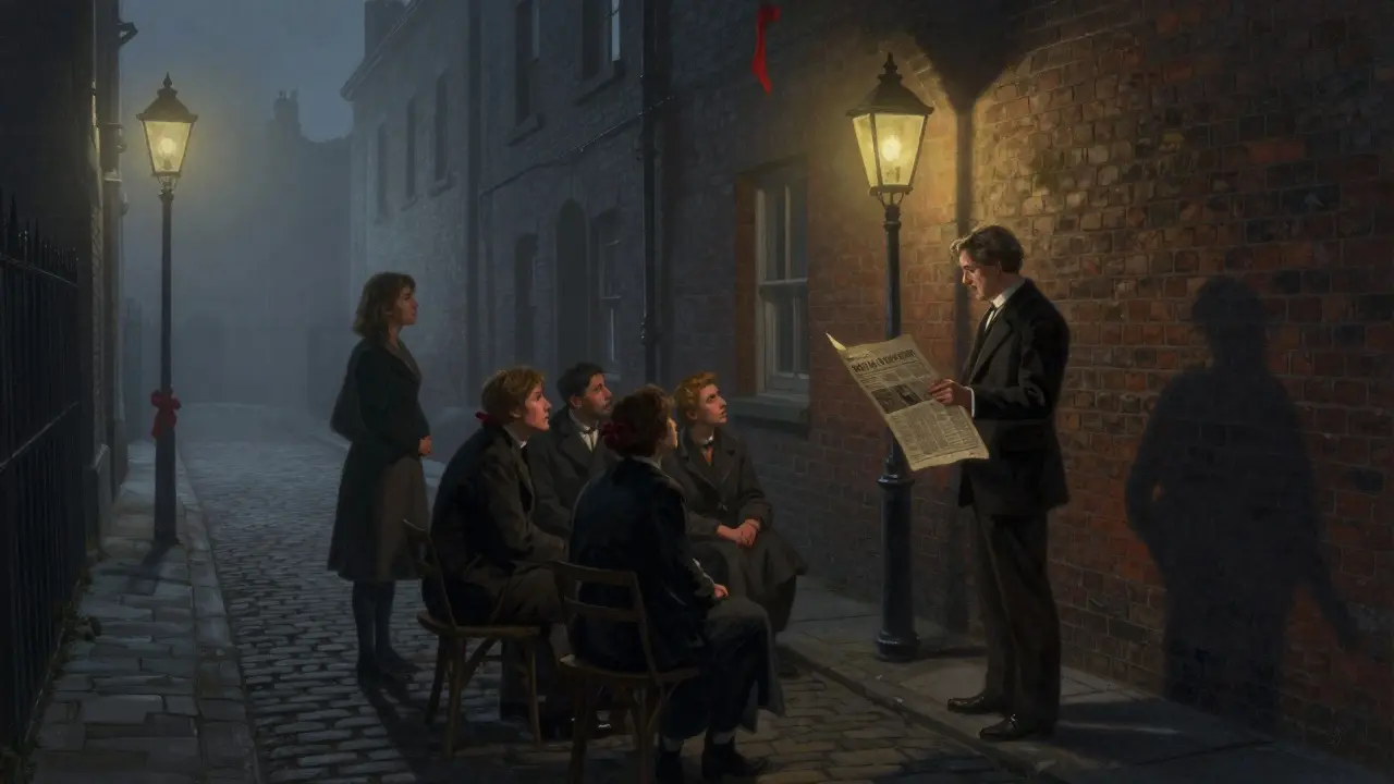 An evening ghost tour in Whitechapel with lantern-lit visitors listening to a guide beside a historic alley.