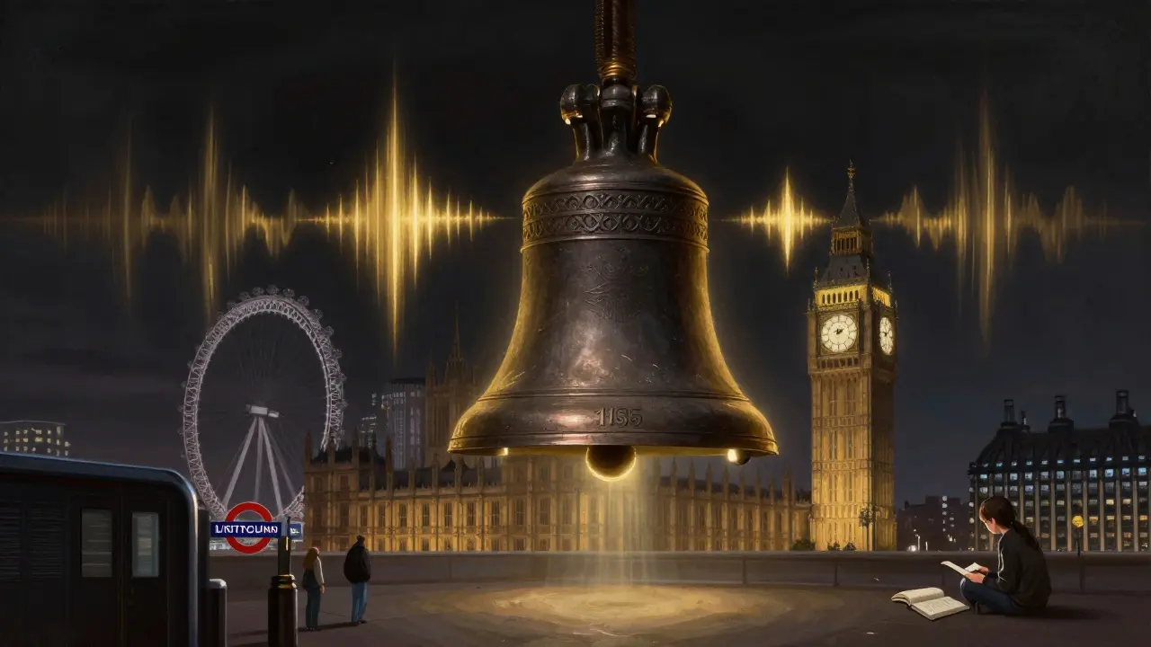 Big Ben bell emitting sound waves across London, connecting landmarks and everyday life.