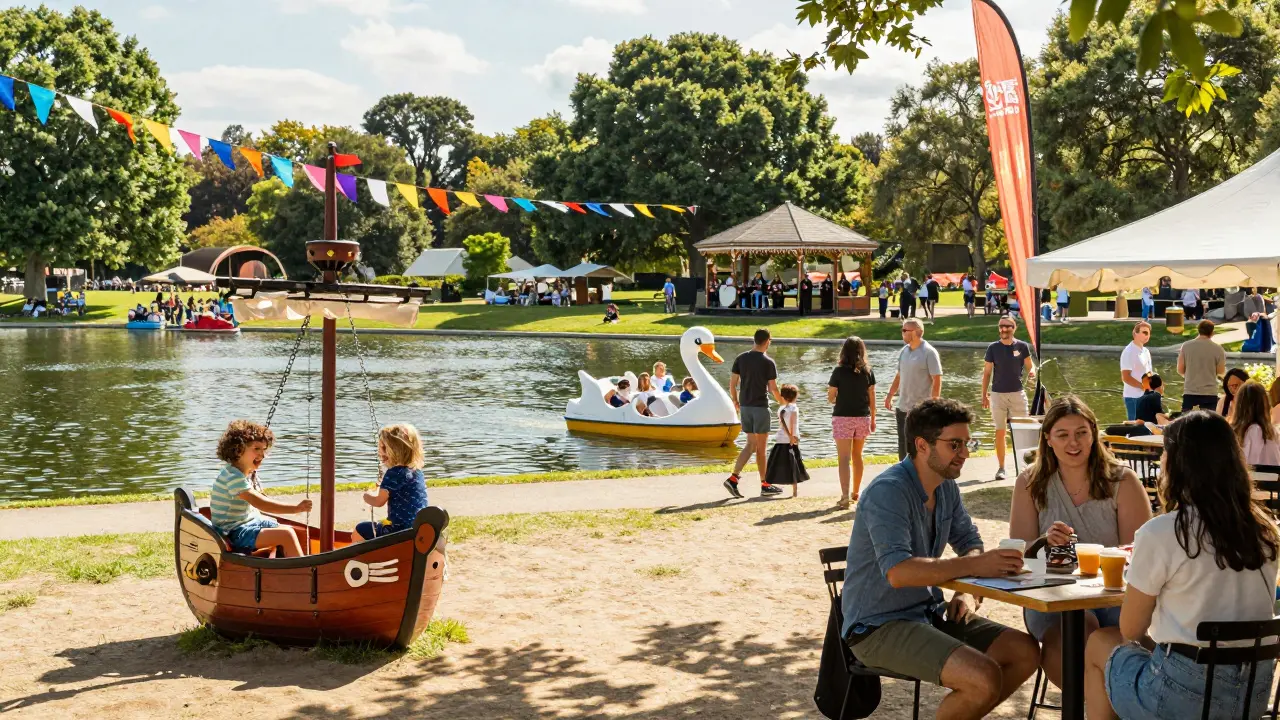 Children playing on a pirate playground at Victoria Park during a lively summer family festival.