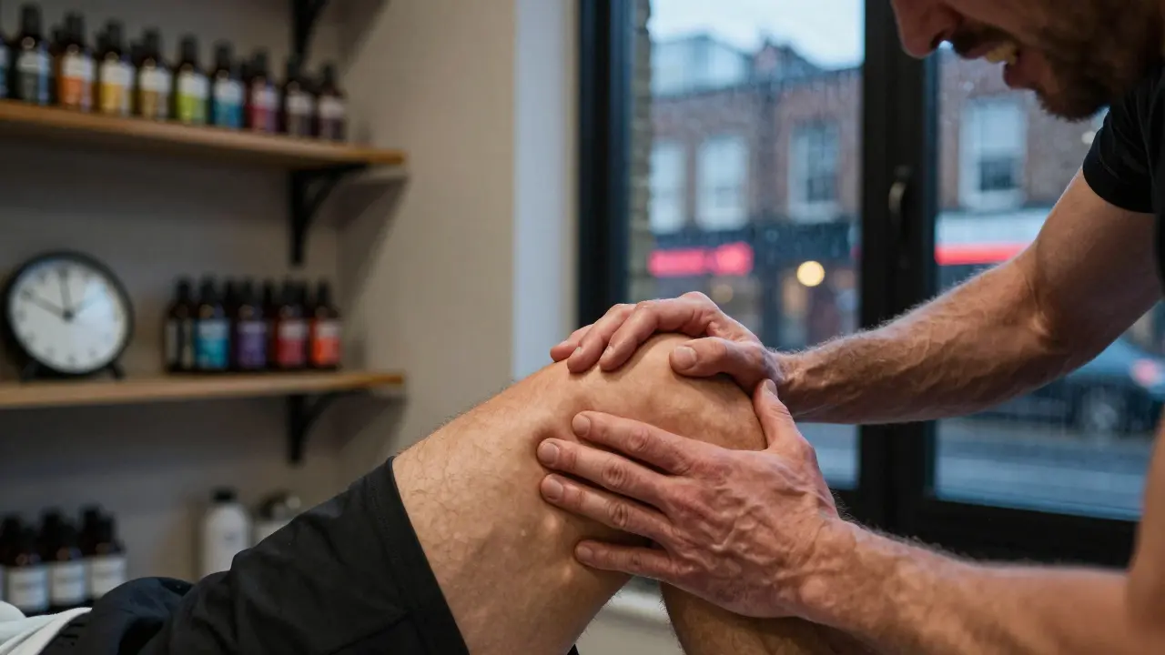 Close-up of therapist's hands working on a runner's tight hamstring during a sports massage session.