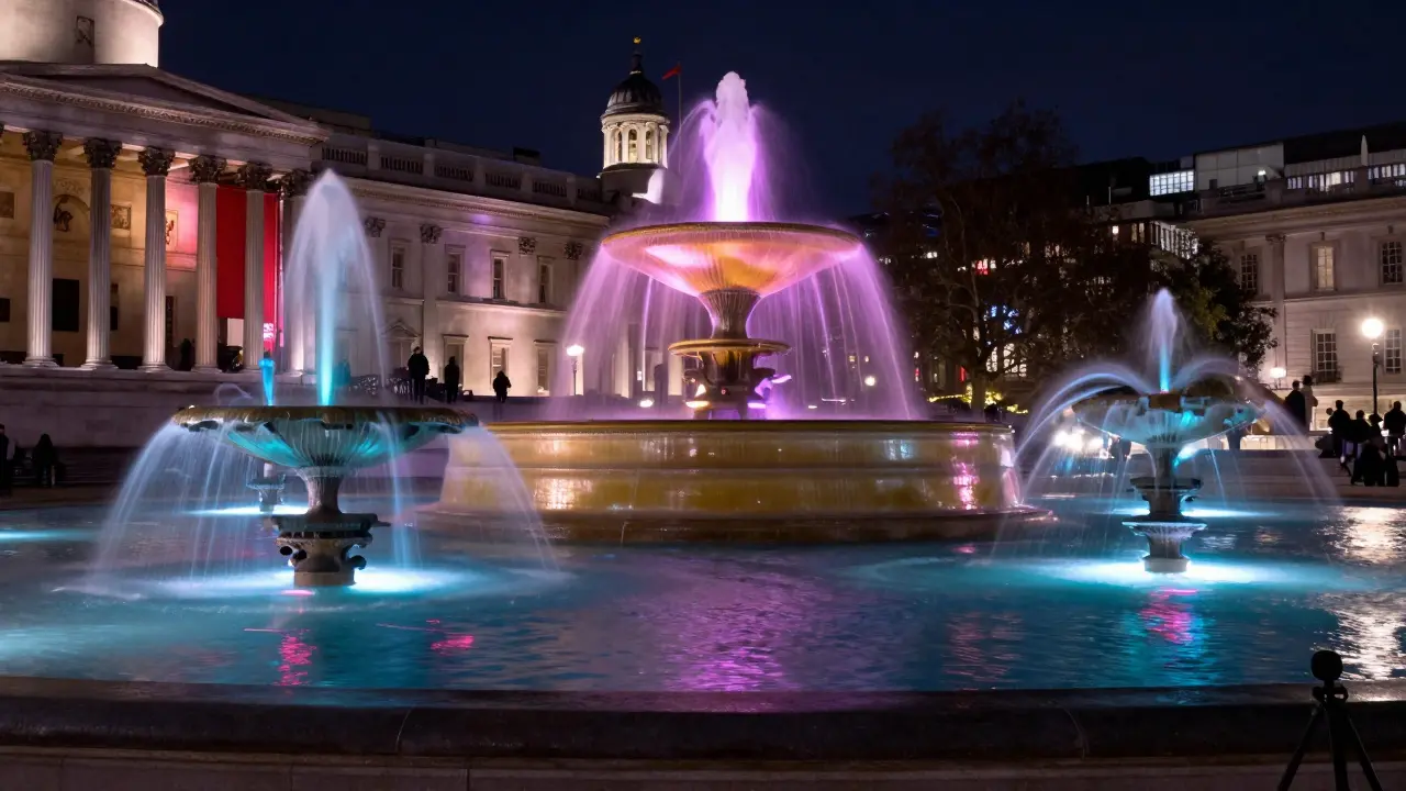 Colorful LED-lit fountains at night, water blurred into liquid ribbons under starry London skies.