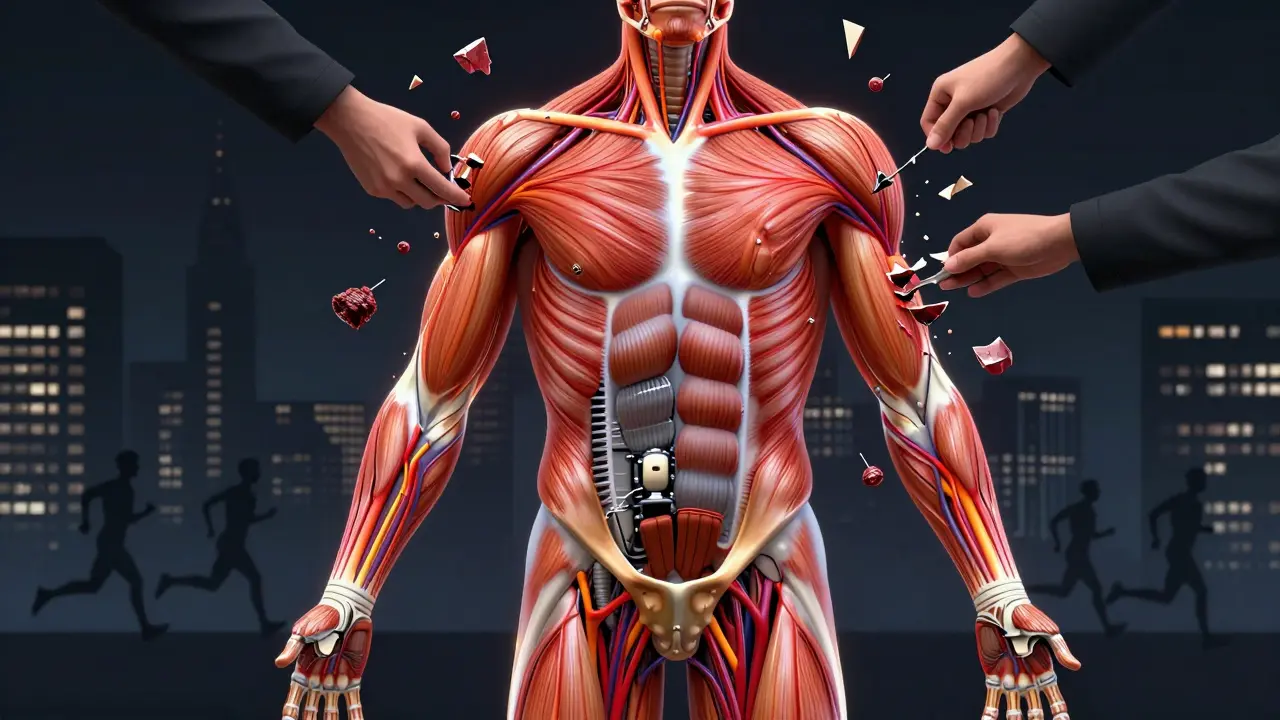 Conceptual image of a human body as an engine being repaired, with scar tissue breaking apart and muscles glowing.
