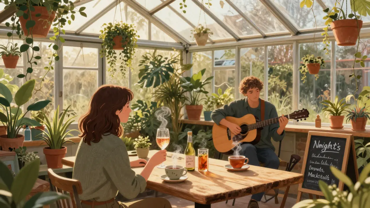 Couples sipping sparkling non-alcoholic wine in a lush, sunlit conservatory with live acoustic music and greenery.