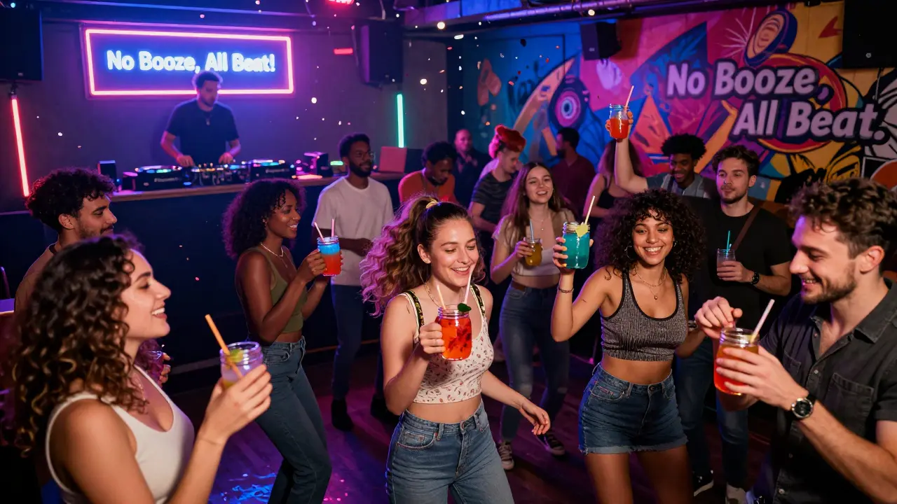 Crowd dancing energetically at a neon-lit sober disco party with colorful non-alcoholic drinks in mason jars.