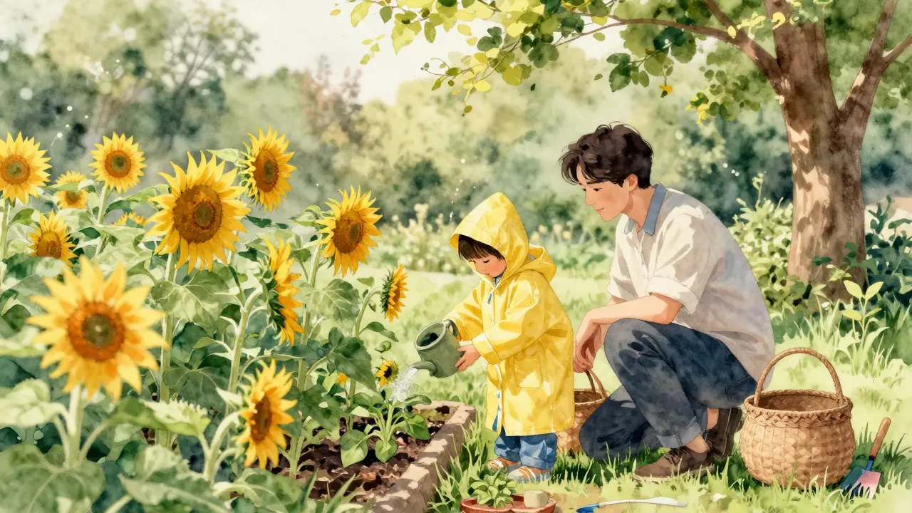 Family tending sunflowers together in a community garden on a sunny afternoon.