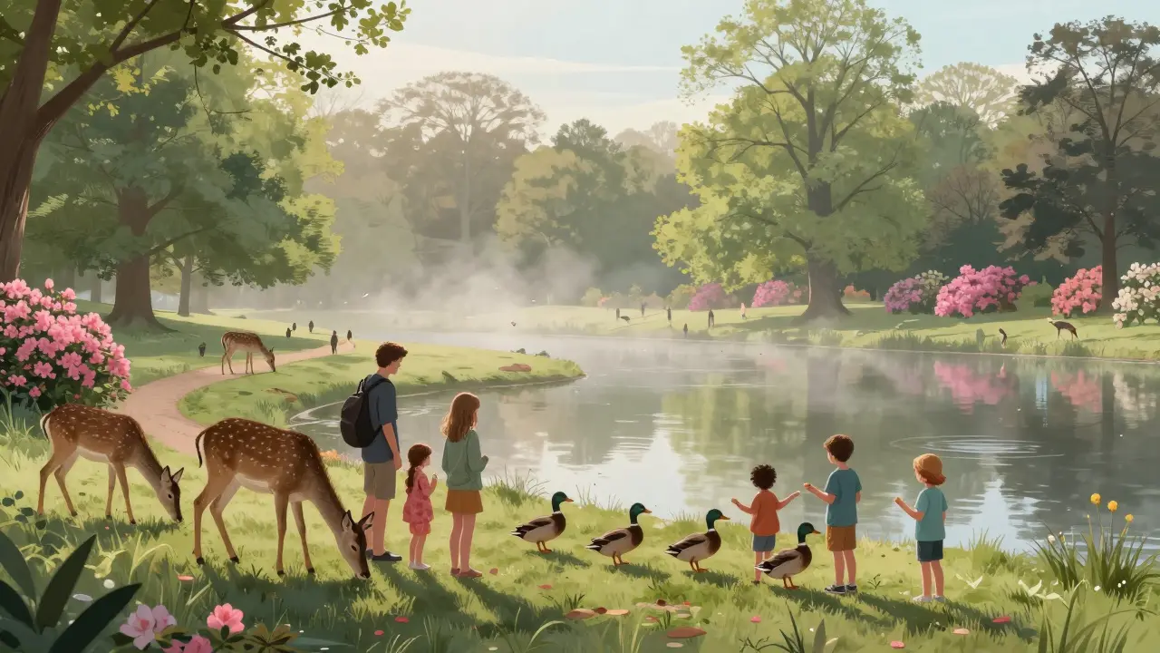 Family watching wild deer and feeding ducks at Richmond Park’s Pen Ponds in the early morning light.