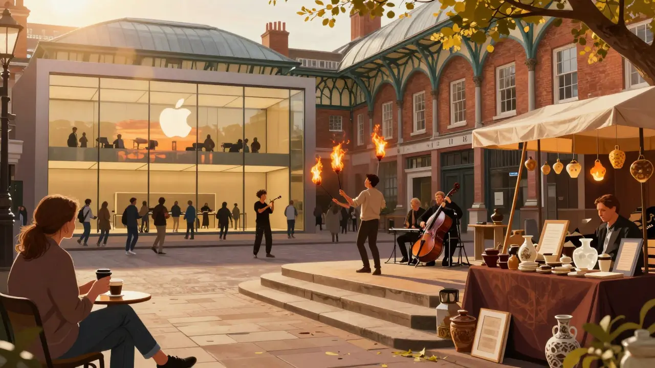 Golden hour at Covent Garden with street performers, coffee drinkers, and the glass Apple Store.